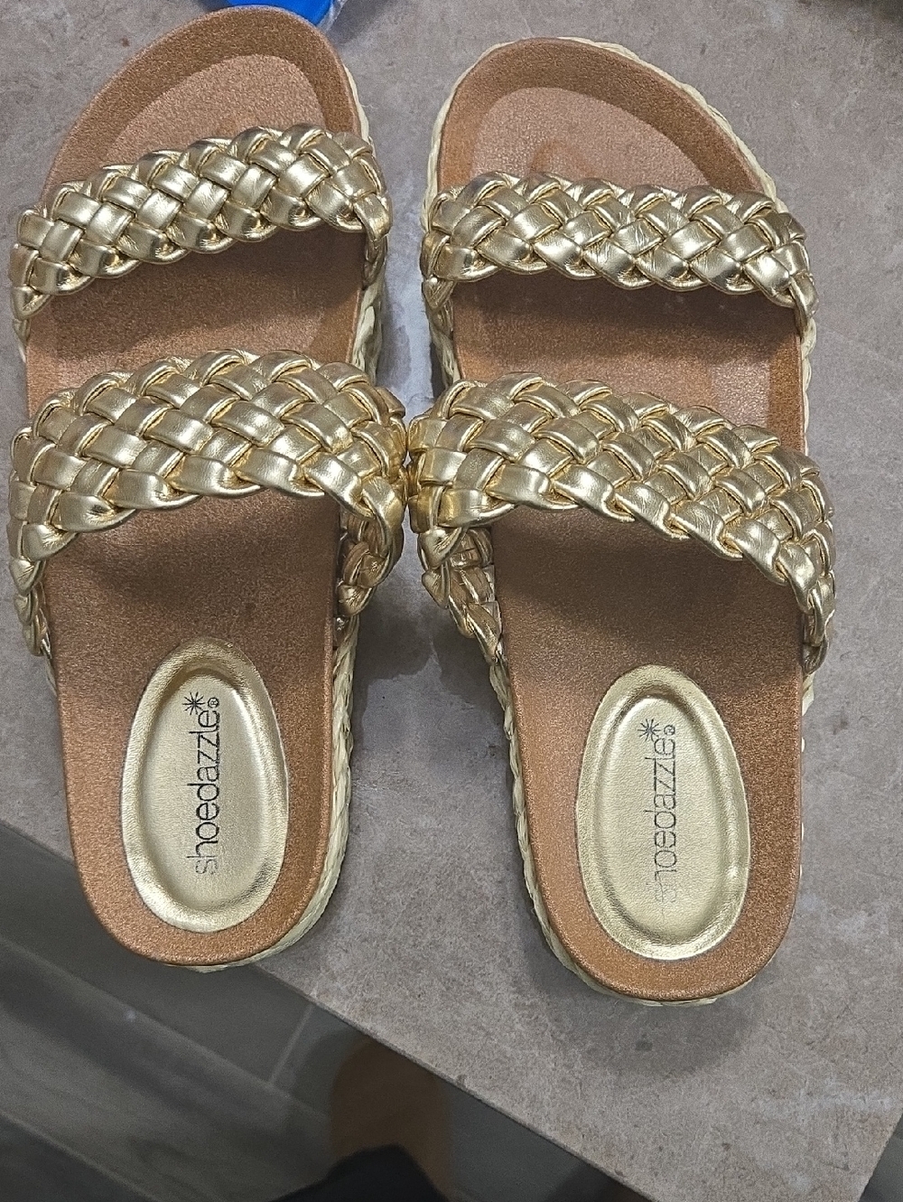 Shoe Dazzle Metallic Gold Braided Double-Strap Slide Sandals